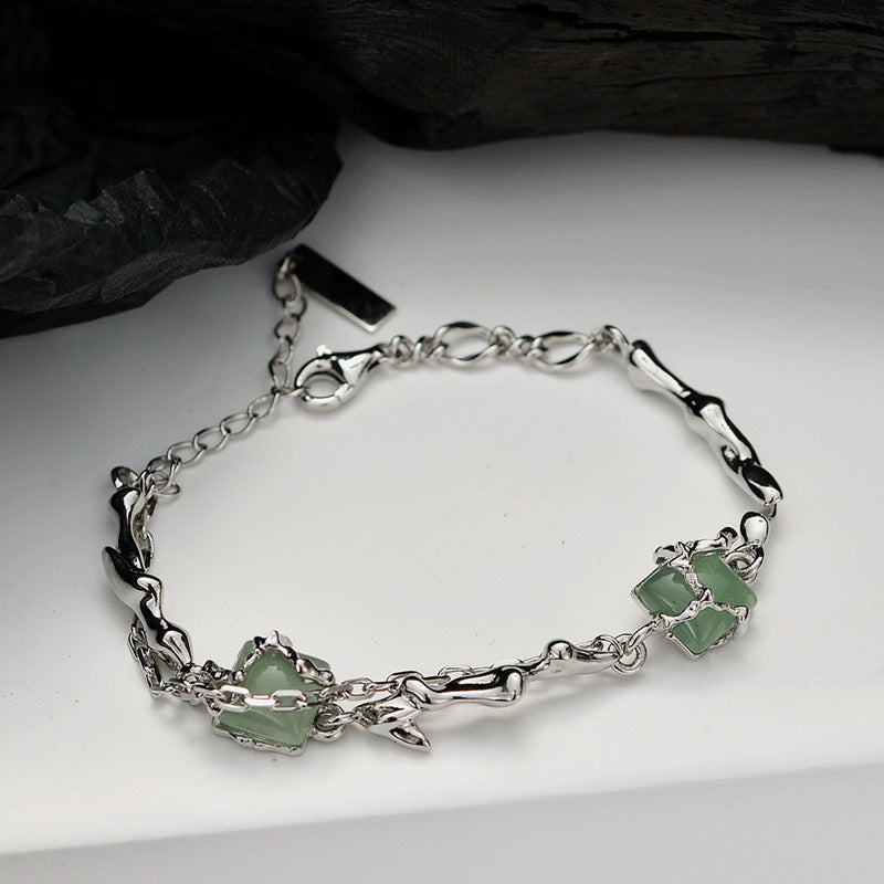 Abstract Branch-Design Silver Bracelet with Square Jade Accents