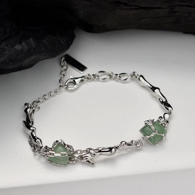 Modern Organic-Style Silver Bracelet with Green Stone Inlays