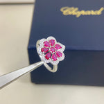 White gold openwork petal diamond ring with pink stones