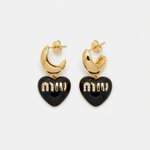 Gold-tone heart enamel pendant earrings with Miu Miu logo, black heart and stud details