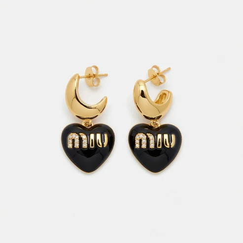 Gold-tone heart enamel pendant earrings with Miu Miu logo, black heart and stud details