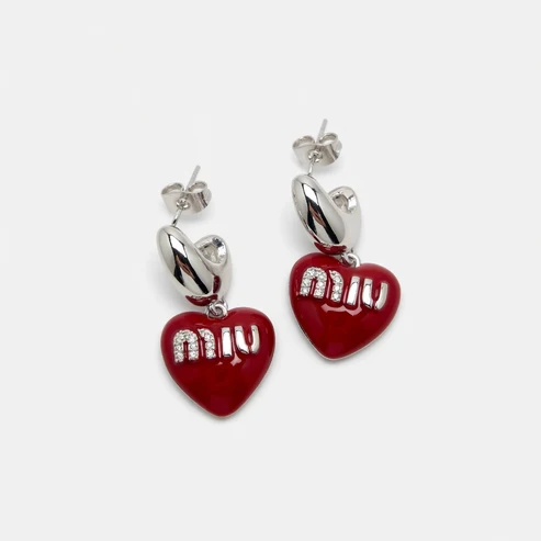 Silver-tone heart enamel pendant earrings with Miu Miu logo, red heart and stud details