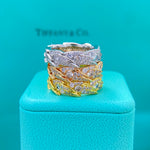 Tiffany Damenring mit Diamant-Federdekor, Vorderansicht zweifarbig (gold und silber)