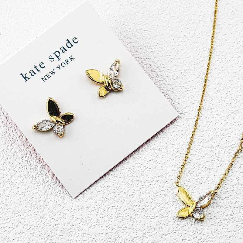 Goldtone butterfly earrings and pendant necklace, yellow enamel wings and clear crystals