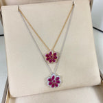 Chopard flower pendant necklace with two magenta gemstone lace blossoms on silver and gold chains
