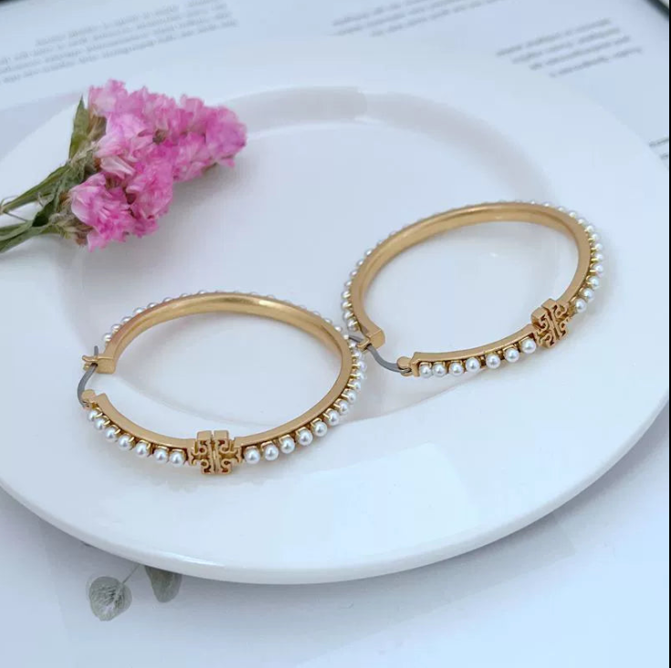 Tory Burch Large Round Metal Earrings with Pearls