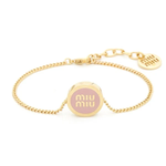 Gold-tone enamel logo round adjustable bracelet with pink center disc and chain