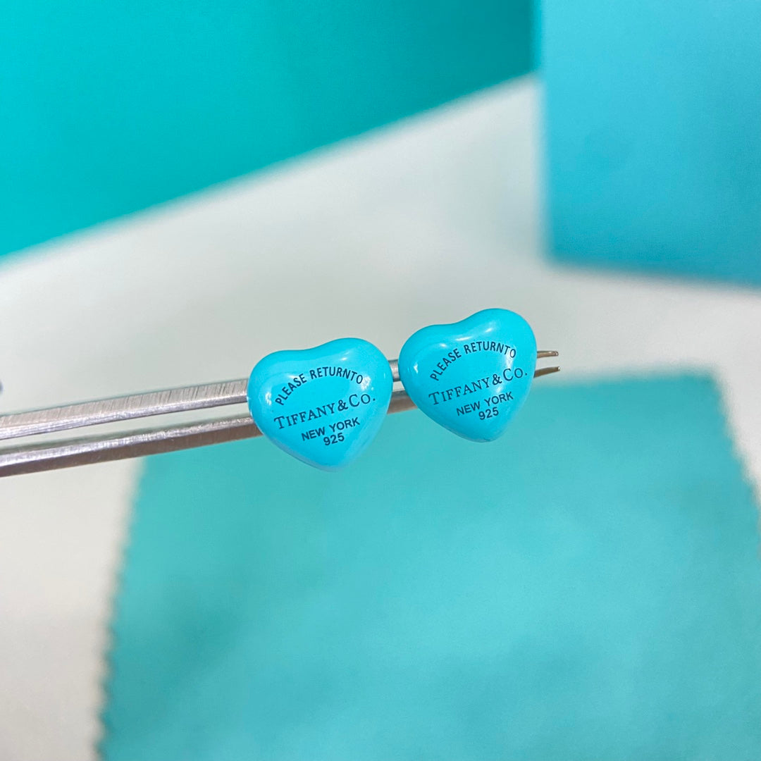 Blue enamel heart stud earrings with post-back clasps
