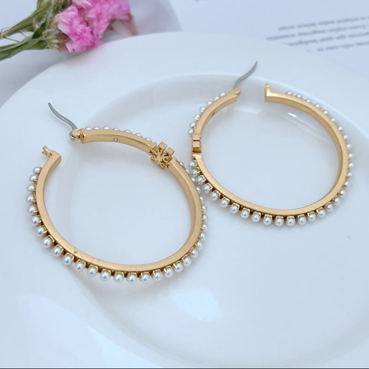 Tory Burch Large Round Metal Earrings with Pearls