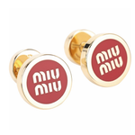 Gold-plated round enamel stud earrings with red center and white 'miu miu' logo.