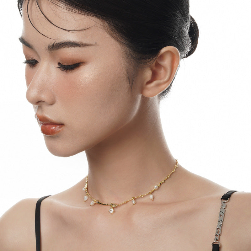 Modern Abstract Wave Necklace with CZ and Pearls


