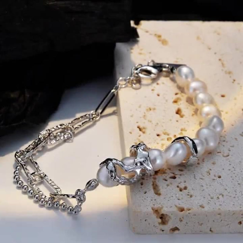 Asymmetric Pearl and Mixed-Chain Bracelet

