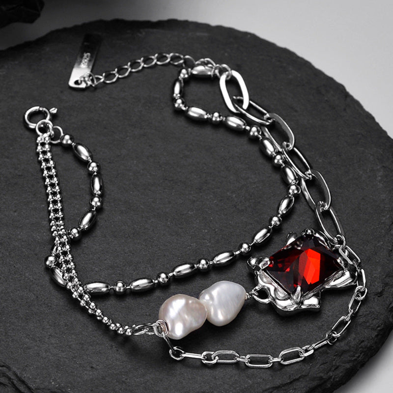 Sterling Silver & Red Zirconia Charm Bracelet