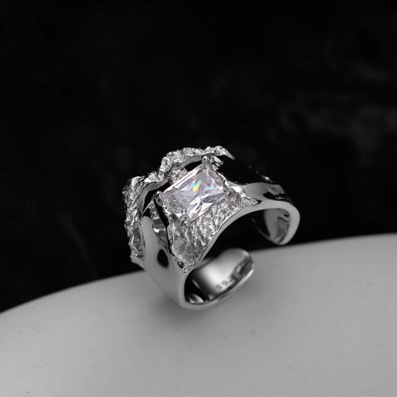 Abstract Textured Silver Ring with a Clear Crystal


