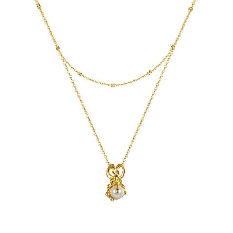 Textured Silver "Ribbon" and Pearl Necklace

