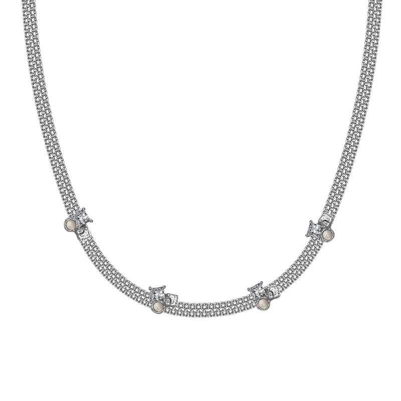 Textured Mesh Chain Necklace with CZ and Pearl Accents

