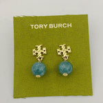 Teal/green round agate pendant earrings with gold-tone geometric drop details
