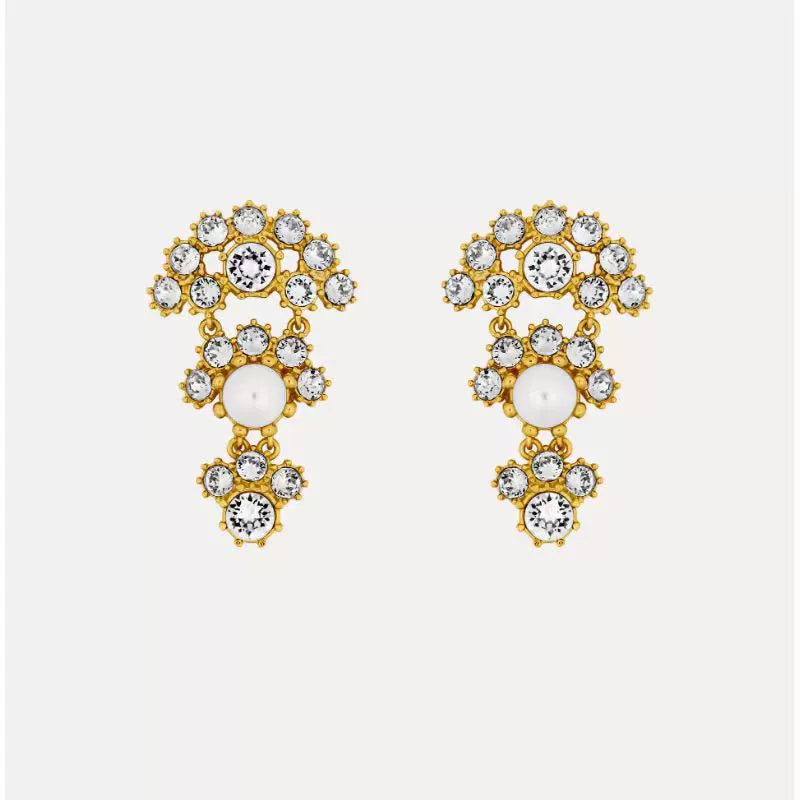 Crystal arched fan-layered stud earrings, white stones with gold-tone settings