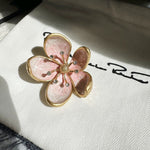 Cherry blossom enamel metal brooch, pink petals with gold scalloped edges