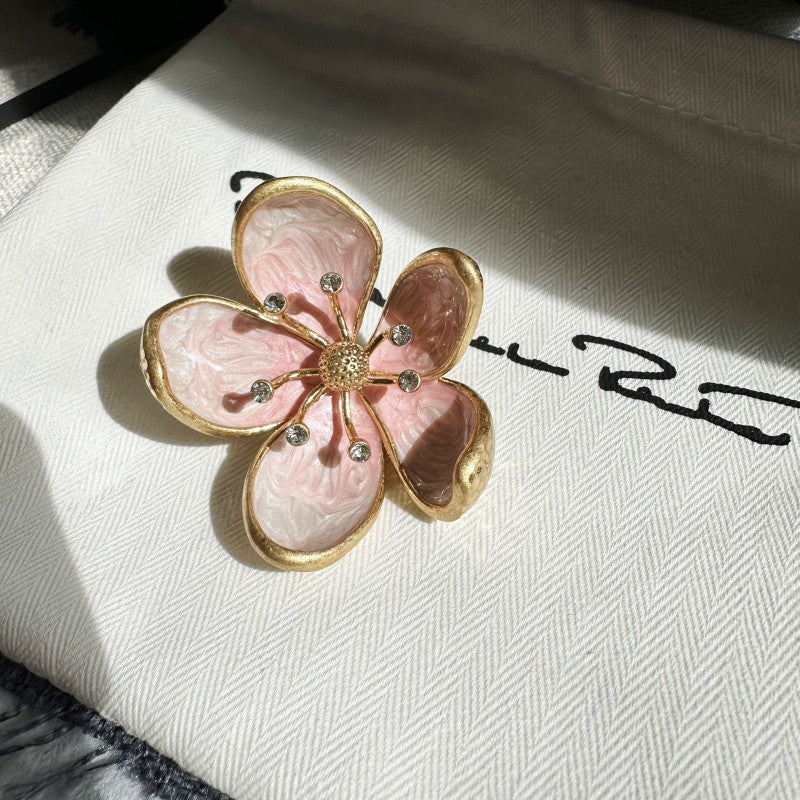 Cherry blossom enamel metal brooch, pink petals with gold scalloped edges