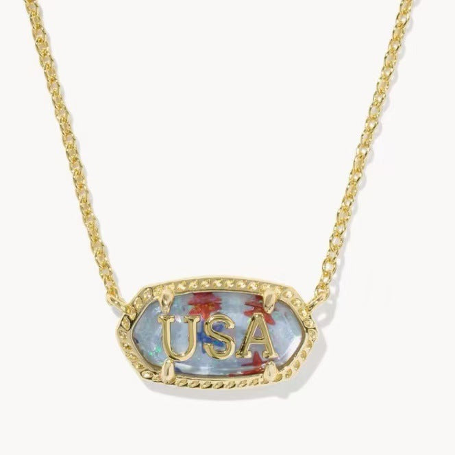 Gold-tone oval USA letter pendant necklace with blue enamel inlay
