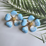 Cherry blossom enamel stud earrings, sky blue gradient petals with gold center