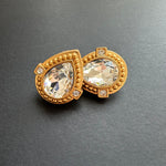 Champagne crystal heart stud clip-on earrings with gold bezel and clear stone highlights