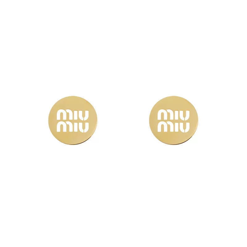 Round gold metal stud earrings with miu miu logo, matching pair