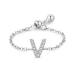 Sterling silver charm bracelet with pavé letter V initial and round toggle clasp