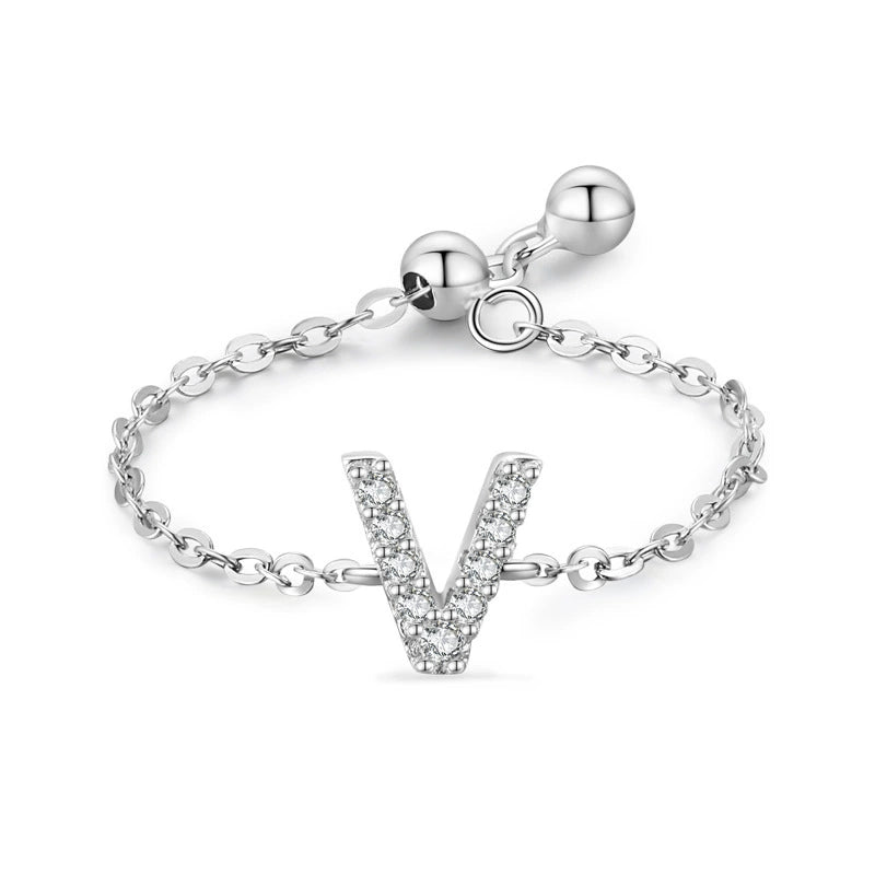 Sterling silver charm bracelet with pavé letter V initial and round toggle clasp
