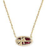 Elisa bow pendant necklace with dark red center, gold chain and bow detailing