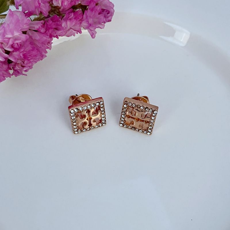 Rose gold square stud earrings with openwork rhinestones and cutout center