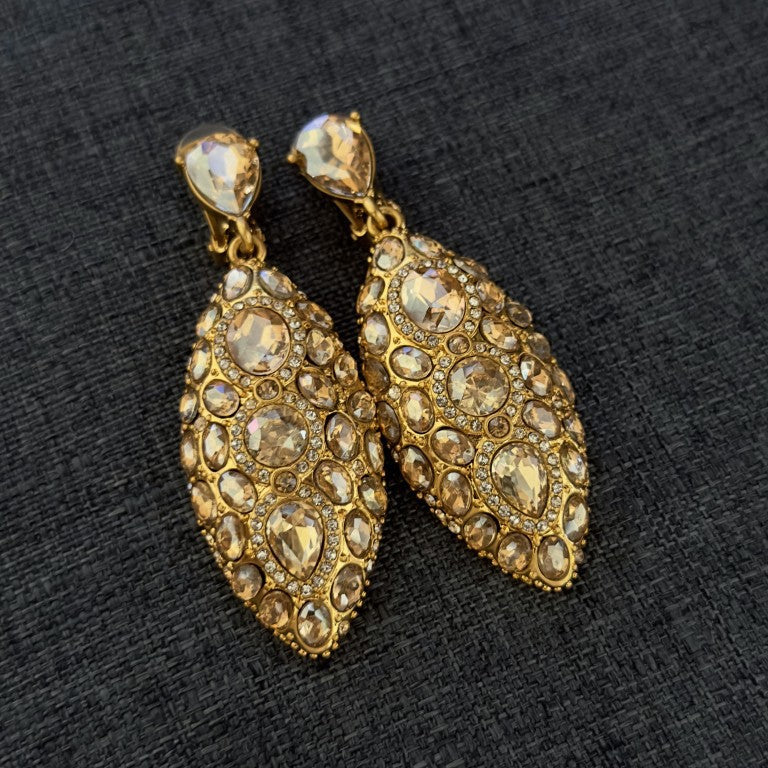 Clip-on teardrop diamond earrings, Champagne-gold crystal cluster drops