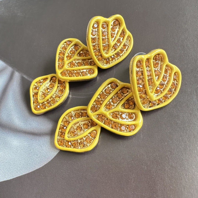 Hand-painted enamel leaf pendant earrings, yellow heart leaves with gold beaded detail