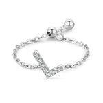 Adjustable sterling silver bracelet with pavé initial V-style charm and chain links