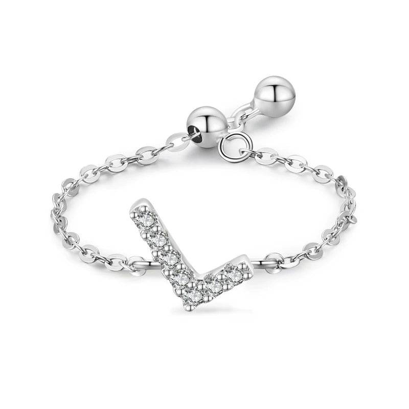 Adjustable sterling silver bracelet with pavé initial V-style charm and chain links