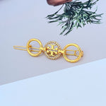 Diamond-studded round metal hair clip, gold-tone linked ring design