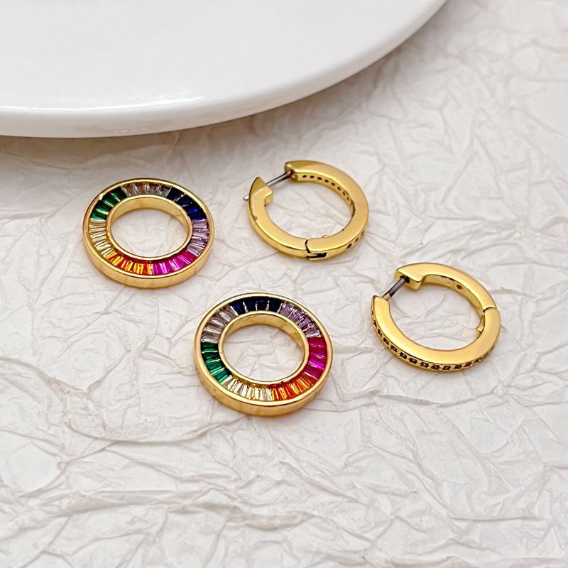 Gold-tone zircon donut hoop earrings set with rainbow multicolor bezel and clips