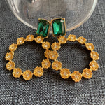 Emerald green large round floral zircon earrings, goldtone flower halo with two stones