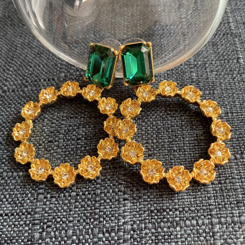 Emerald green large round floral zircon earrings, goldtone flower halo with two stones