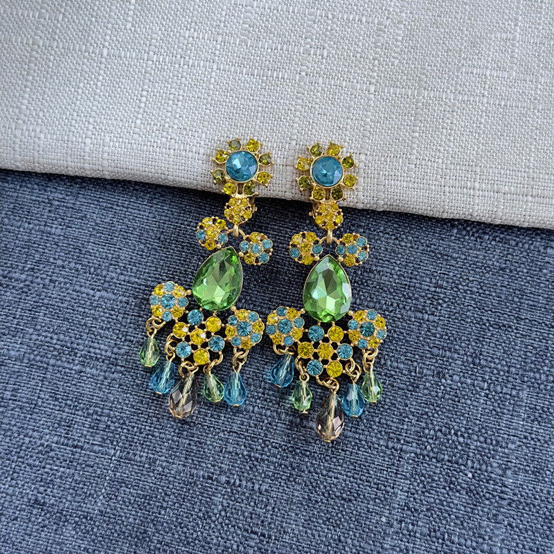 Rhinestone tassel clip-on earrings in green and blue with gold chain fringe