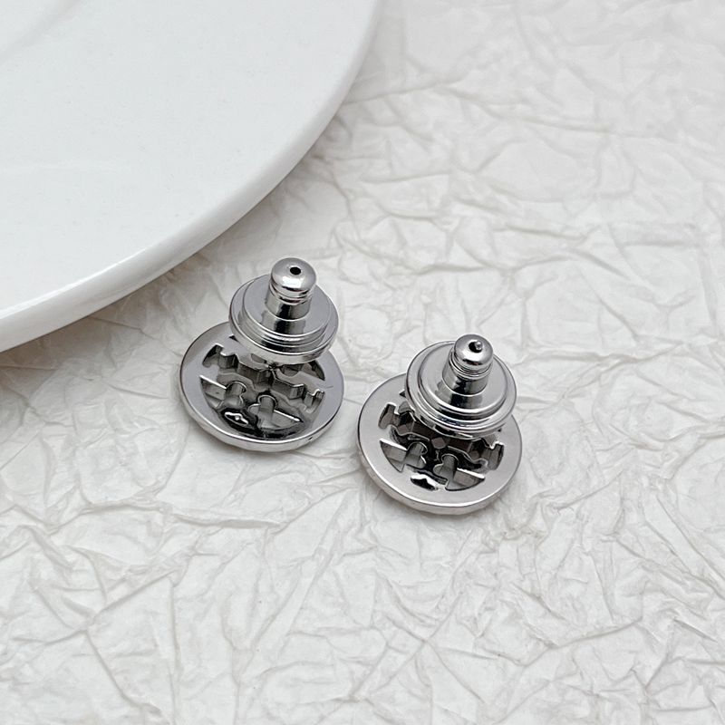 White-gold logo stud earrings with rhinestone rim, shown with back posts