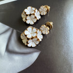 Enamel hydrangea stud earrings, white enamel petals with gold-tone bezel