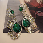 Cactus crystal dangle earrings in silver-tone with emerald-green teardrop stones and green accents