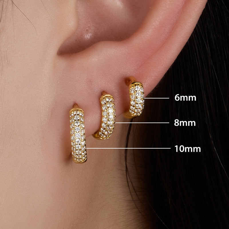 Gold-tone wide hoop earrings with three diamond rows; sizes 6/8/10mm shown, S925