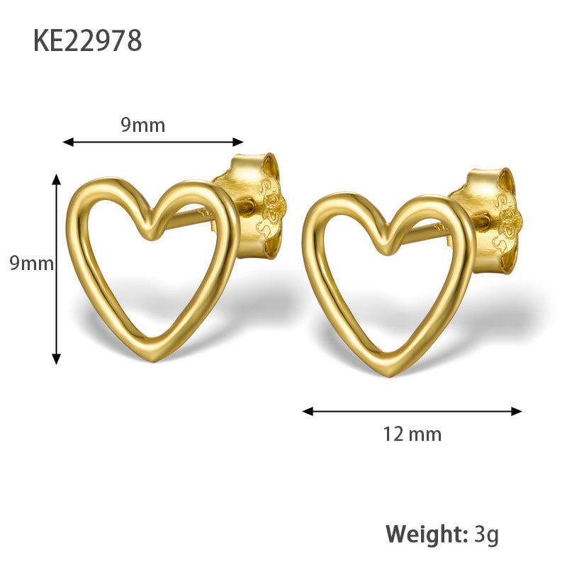 Heart stud earrings, gold tone, 9mm height, 12mm width, 3g weight, 925