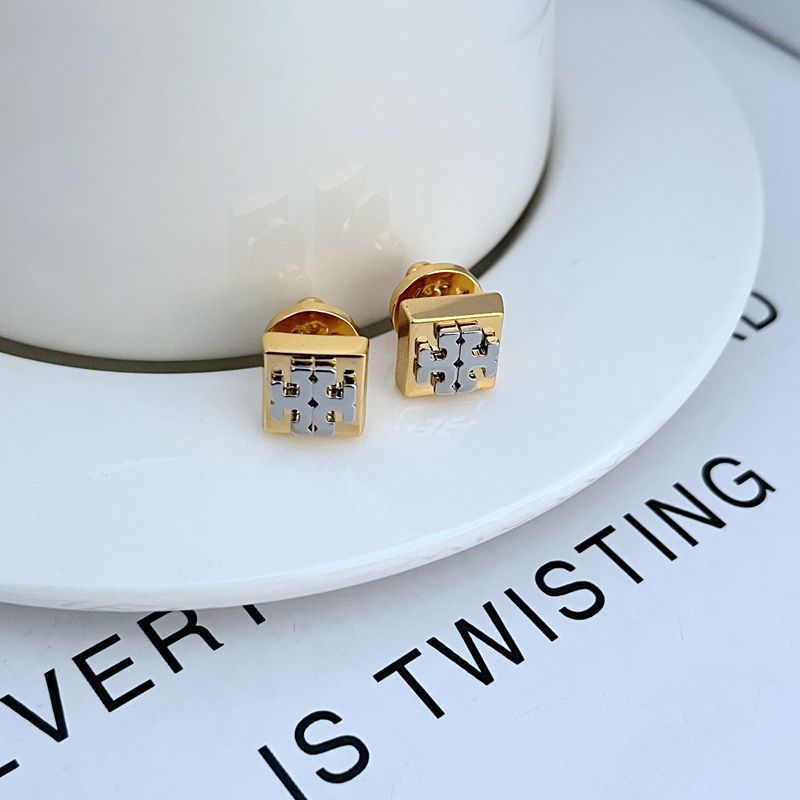 Gold square logo stud earrings with engraved geometric center detail