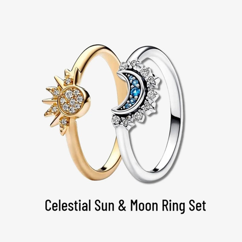 S925 Sterling Silver Pandora Galaxy Sun and Moon Ring Set