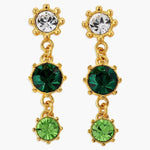 Round crystal drop earrings with clear top, dark green middle, light green bottom stones