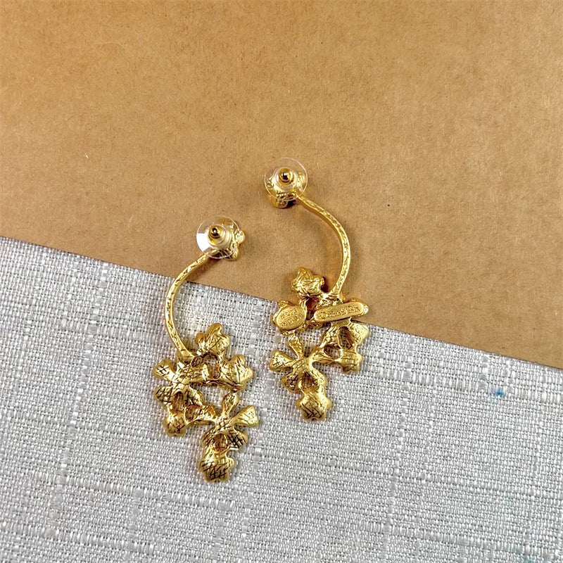 Long flower hoop drop stud earrings in gold-tone enamel-free design